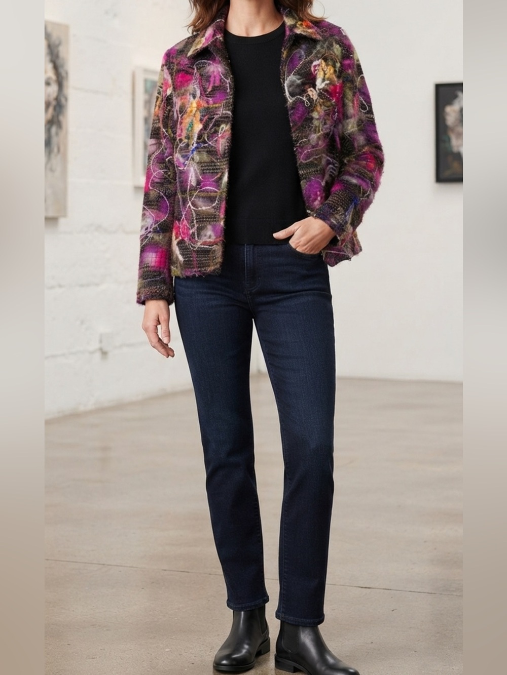 Chicos Artsy Wool Blend Multicolor Abstract Jacket Fuzzy Womens M/L